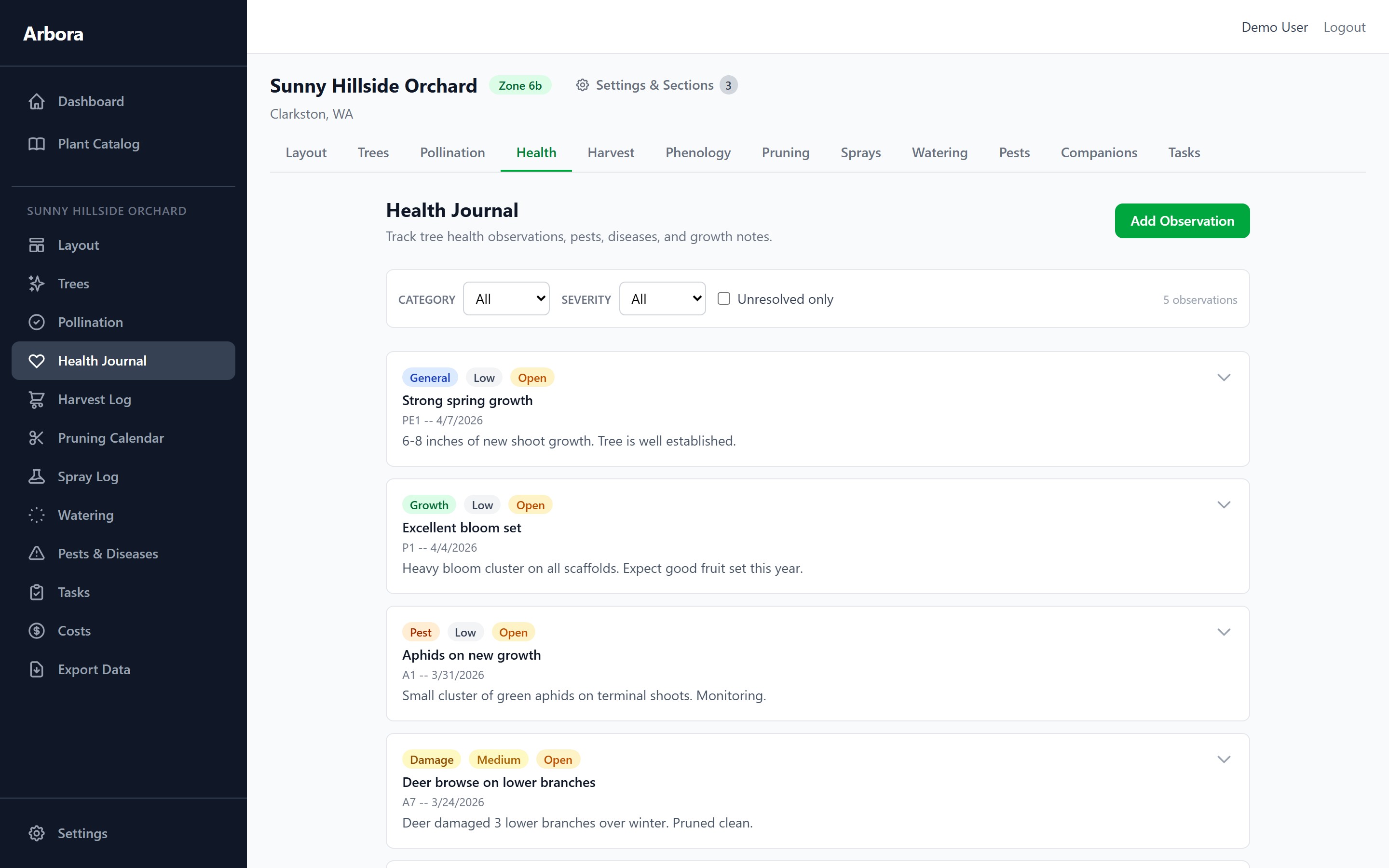 Health journal with observation cards showing severity badges and status tags