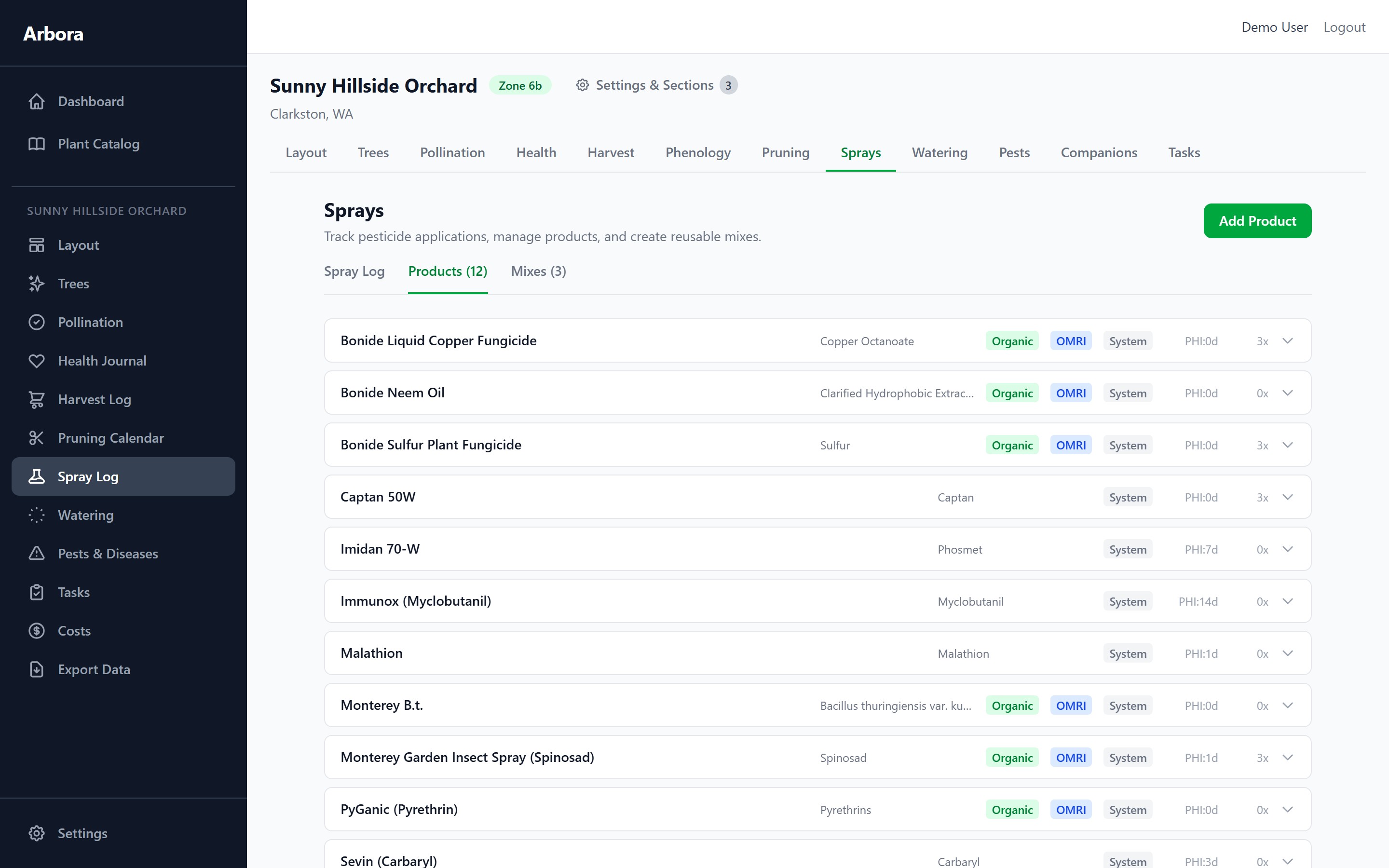Product list showing EPA details, organic/OMRI badges, and PHI/REI data